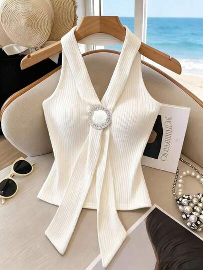 Franclia Women's Solid Color Halter Neck Versatile Casual Top White Elegant Top Women Tops Elegant Ribbed Tops For Women Classy Top Pearl Top Women