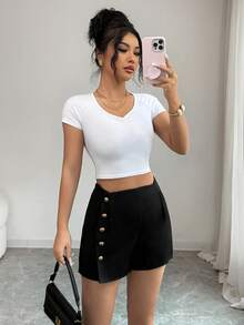 SHEIN Elenzya Elegant Summer Casual Asymmetrical Waistband Design Button Decor Black Women Shorts - Black - View 6