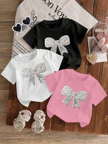 3pcs/Set Girls (Small) T-Shirts, Pink, White, Black, Faux Sequins & Sequins Bow Graphic, Cute All-Match Everyday Wear, Suitable For Spring, Summer, Autumn, 4Y-7Y, Matching Sister Outfits - Multicolor - View 1