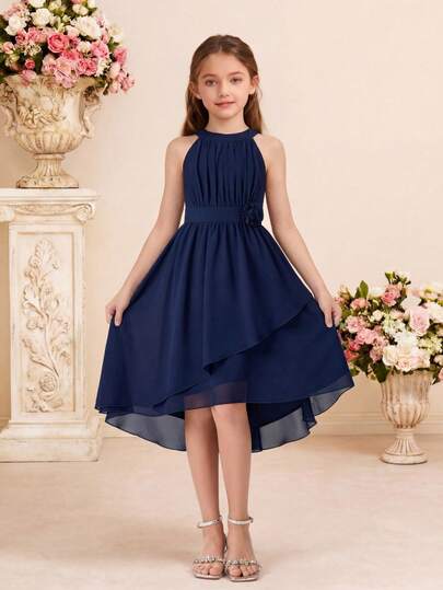 Pitira Tween Girls Partywear Navy Blue Solid Color Halter Chiffon Short Dress With 3D Floral Decor And Cinched Waist, Irregular Hemline, Suitable For Flower Girl, Wedding Season, Valentine's Day, Parties, Birthday, Chinese New Year