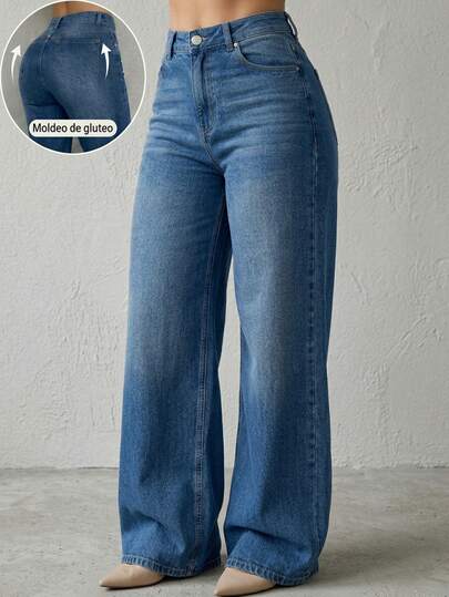 Pantalón Mezclilla Stretch Mujer Corte Wide Leg Cintura Alta