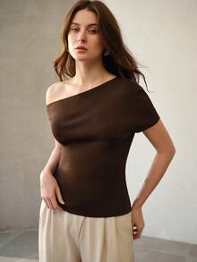 MOTF PREMIUM SOLID COLOR ASYMMETRICAL SHOULDER SHORT SLEEVE RIBBED KNIT TOP - Coffee Brown - View 5