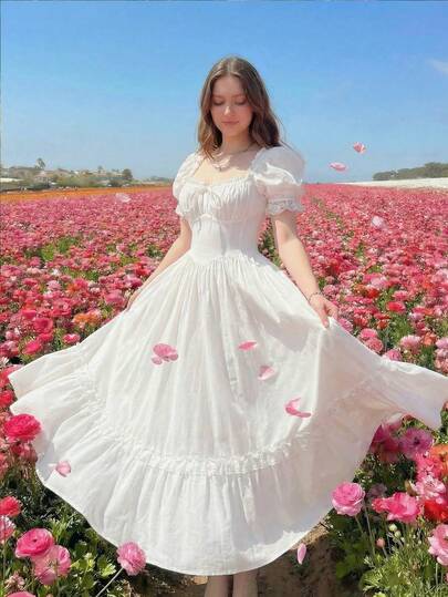 SHEIN MOD Plus Size White Maxi Lace Ruffled Victorian Vintage Dress, Party Dress, Prom Dress, Exquisite Craftsmanship,Graduation Dress,Birthday Dresses For Women