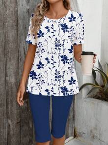 Sylviya 两件套休闲简约度假波西米亚风优雅复古藏蓝色碎花图案沙滩装、度假装、女士夏季套装，T恤和打底裤 - 彩色 - 查看 2