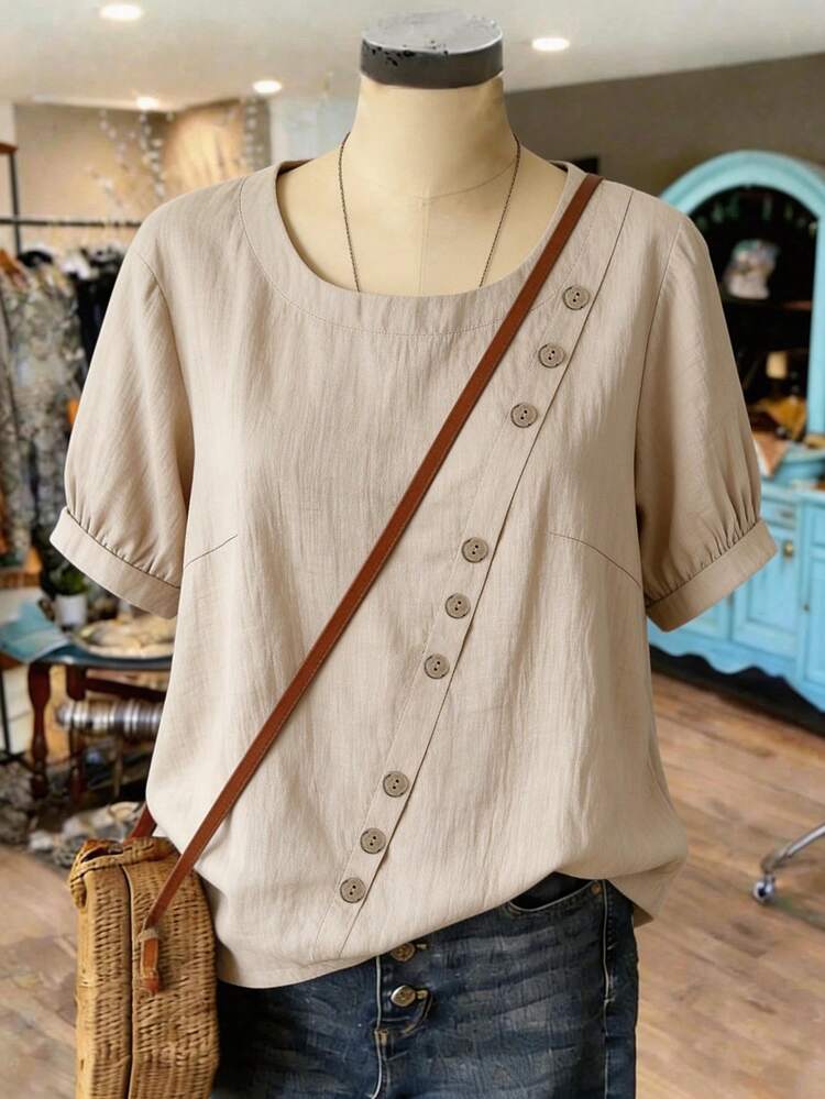 Linhara Áo kiểu nữ cỡ lớn mùa hè, thường ngày, đi nghỉ mát, màu trơn, có cúc trang trí. - Màu Khaki - Xem 3