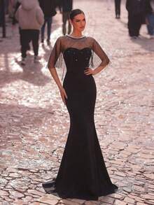 Aureia 优雅浪漫时尚的黑色弹力网纱拼接水钻装饰鱼尾裙，适合优雅派对、婚礼宾客着装、正式晚礼服。 - 黑色 - 查看 6