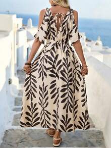 SHEIN Holidaya 休闲度假风深V性感露肩高腰露背蝴蝶结V领镂空细肩带开衩宽松修身长裙，春夏女装夏季连衣裙，女士夏季穿搭，女士长裙，女士休闲连衣裙，女士度假连衣裙 - 咖啡 - 查看 3