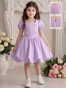 Glamorique Kids 1件装女童方领短泡泡袖蝴蝶结装饰粉色可爱优雅休闲连衣裙，适合日常外出、旅行、聚会、夏季穿着，面料柔软舒适，2026春夏新款 - 淡紫色 - 查看 7