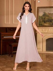 Al Najma Đầm dự tiệc/nghỉ lễ cổ chữ V đính ren dành cho nữ - Hồng - Xem 6