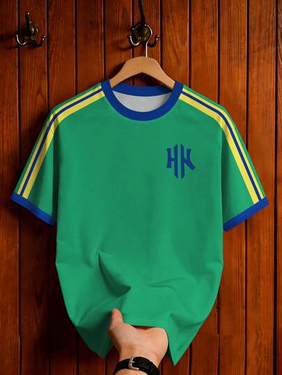 Aesthetic Post Retro Green Striped Crew Neck Short Sleeve T-Shirt Striped Contrast Color Sleeve Sports Jersey Top Loose Crew Neck Casual Graphic Tee With NY Badge Decor Men's Graphic T-Shirt Women's Graphic T-Shirt Men's Fashion Sports Top Football/Soccer Gear