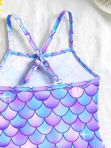 SHEIN Girls (Small) Spring/Summer/Autumn Beach Vacation Casual Seaside Hot Spring Fashionable Fitted New Cute Fish Scale Digital Print Ombre Criss-Cross Strap One-Piece Swimsuit With Ombre Digital Print Ruffle Hem Skirt - Purple - View 6