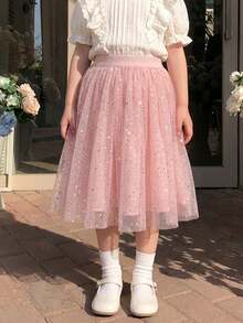 SHEIN Young Girl Sequin Mesh Casual Summer Skirt - Pink - View 7
