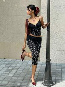 SHEIN 休闲简约复古优雅百搭通勤、派对、海滩、度假装扮，女士夏季黑色波点打底裤 - 彩色 - 查看 4