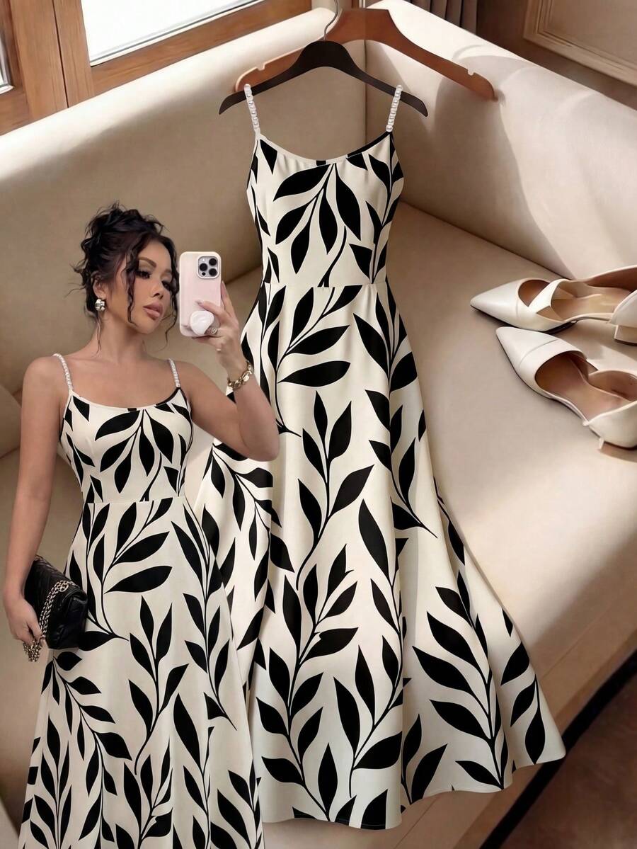 Franclia 全身印花仿珍珠细节优雅吊带连衣裙 - 杏色 - 查看 1