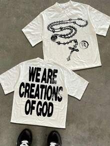 Manfinity Dauomo 这款Y2K街头风宗教主题T恤，印有醒目的“我们是上帝的造物”字样。这款加大码男士T恤版型休闲舒适，无论是日常外出还是居家休闲，都是男士的理想之选。其趣味十足的图案设计更添独特个性魅力。 - 彩色 - 查看 1