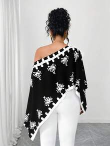 Elenzga Plus Size Women Print Asymmetrical Shoulder Asymmetrical Hem Blouse, Spring/Summer - Black and White - View 2