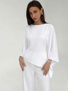 Aloruh Boat Neck Voluminous Sleeve Cinched Waist Commuter Shirt - White - View 3