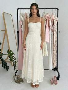Firerie Đầm maxi cúp ngực ren màu trắng ngà mới dành cho nữ, kiểu dáng lãng mạn, thích hợp làm khách dự đám cưới, phù dâu, hoặc đầm dài đi nghỉ mát. - Màu be - Xem 3