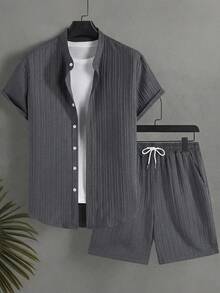 Surfspeed 夏季休闲短袖衬衫短裤套装，前扣设计 - 深灰色 - 查看 2