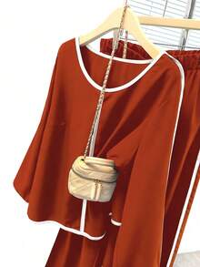 EMERY ROSE Plus Size Women 2 Pieces Set, Contrast Color Round Neck Long Sleeve Top And Pants, Casual Daily Wear - Orange - View 6