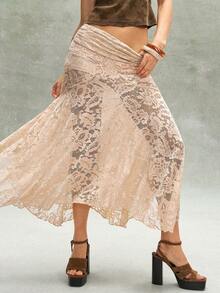 Bohemela Chân váy nữ dáng rộng, màu trơn, chất liệu dệt kim ren, vạt bất đối xứng. - Màu be - Xem 3