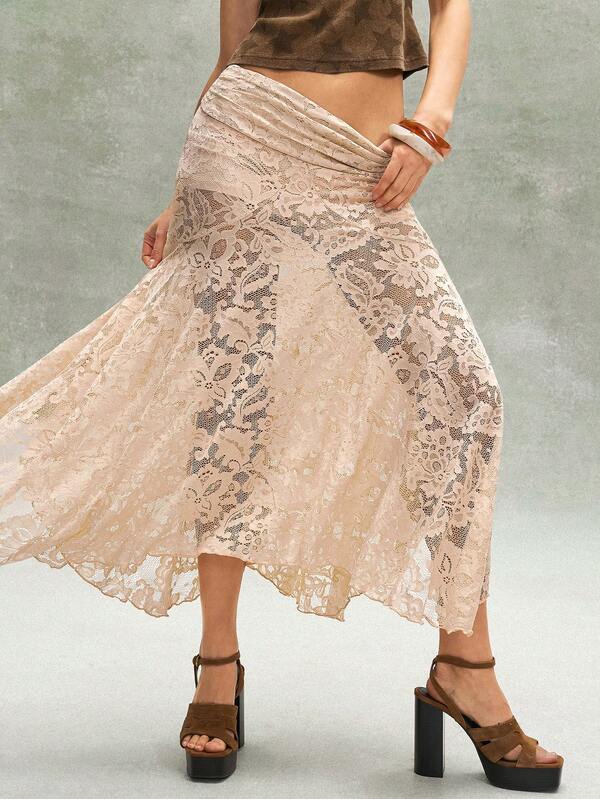 Bohemela Casual Solid Color Knit Lace Asymmetrical Hem Loose Women Skirt