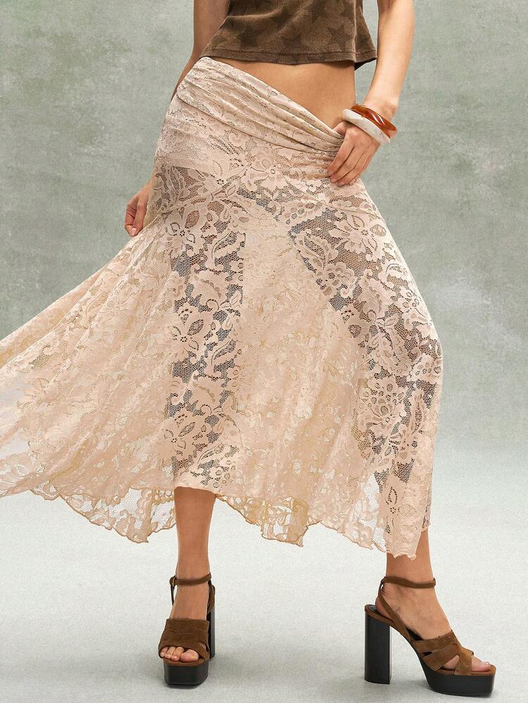 Bohemela Casual enfärgad stickad spets asymmetrisk fåll lös kjol för kvinnor - Aprikos - Visa 3