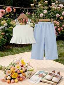 Souflis Souflis 2pcs/Set Baby Girls' French Style Summer Outfit, Includes Spaghetti Strap Ruffle Trim Tank Top And Plaid Print Pants, Fashionable And Sweet, Suitable For Casual, School And Other Occasions - Multicolor - View 1