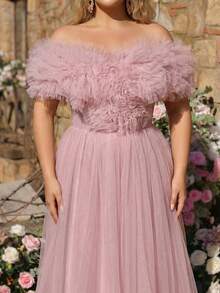 Glamrae 大码优雅浪漫奢华粉色露肩3D立体花卉袖修身蓬松长裙，适合晚宴、单身派对、约会、舞会、度假、婚礼等场合。 - 藕粉色 - 查看 8