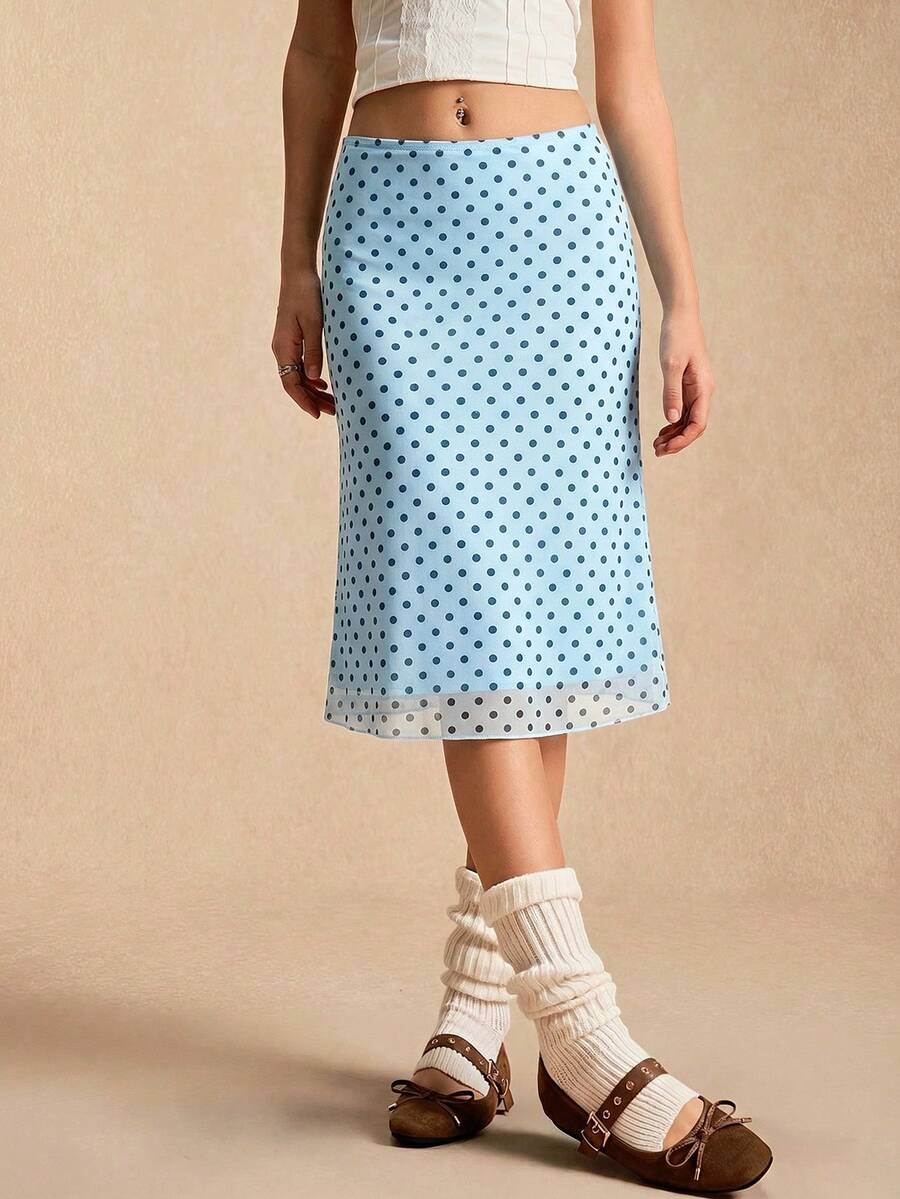 Easelle Chân váy lưới chấm bi Xuân/Hè 2026, lưới màu xanh dương, phong cách retro thường ngày. - Màu xanh lam - Xem 1