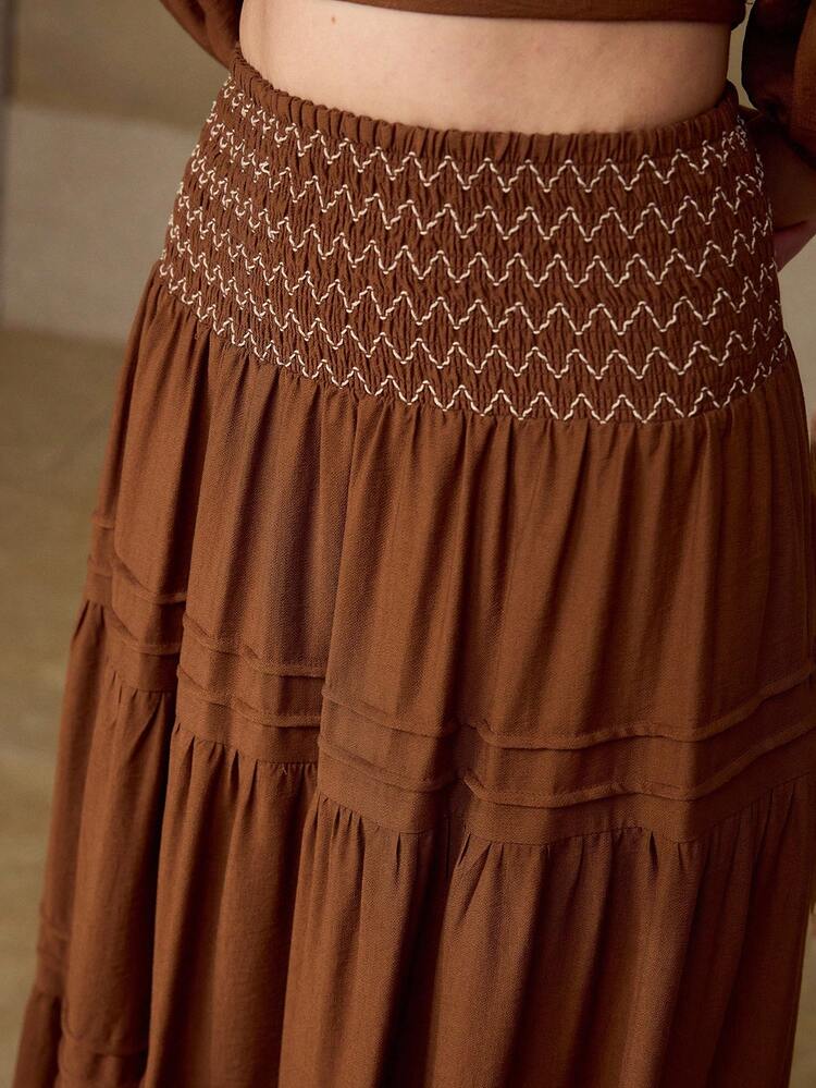 RUCHED RUFFLE HEM MAXI SKIRT, VACATION STYLE