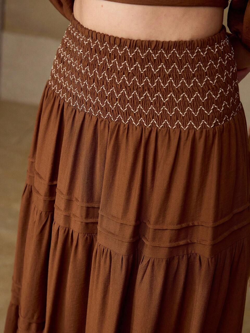 RUCHED RUFFLE HEM MAXI SKIRT, VACATION STYLE