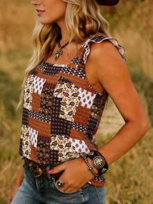 Áo tank top nữ dáng rộng, bèo nhún, in họa tiết phong cách bohemian, thích hợp cho mùa xuân/hè, thương hiệu LanaWest. - màu nâu - Xem 8