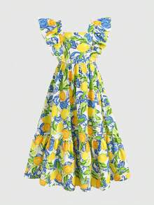 SHEIN 女童休閒簡約舒適檸檬圖案拼色蝴蝶結洋裝 - 黃色 - 查看 2