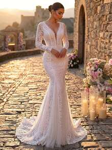 Glamrae Elegant Luxurious Stretchy Lace Floral Trim Sheer Sleeve Mermaid Maxi Dress With Long Train, Suitable For Weddings, Parties, Vacations, Balls, Honeymoon - White - View 1