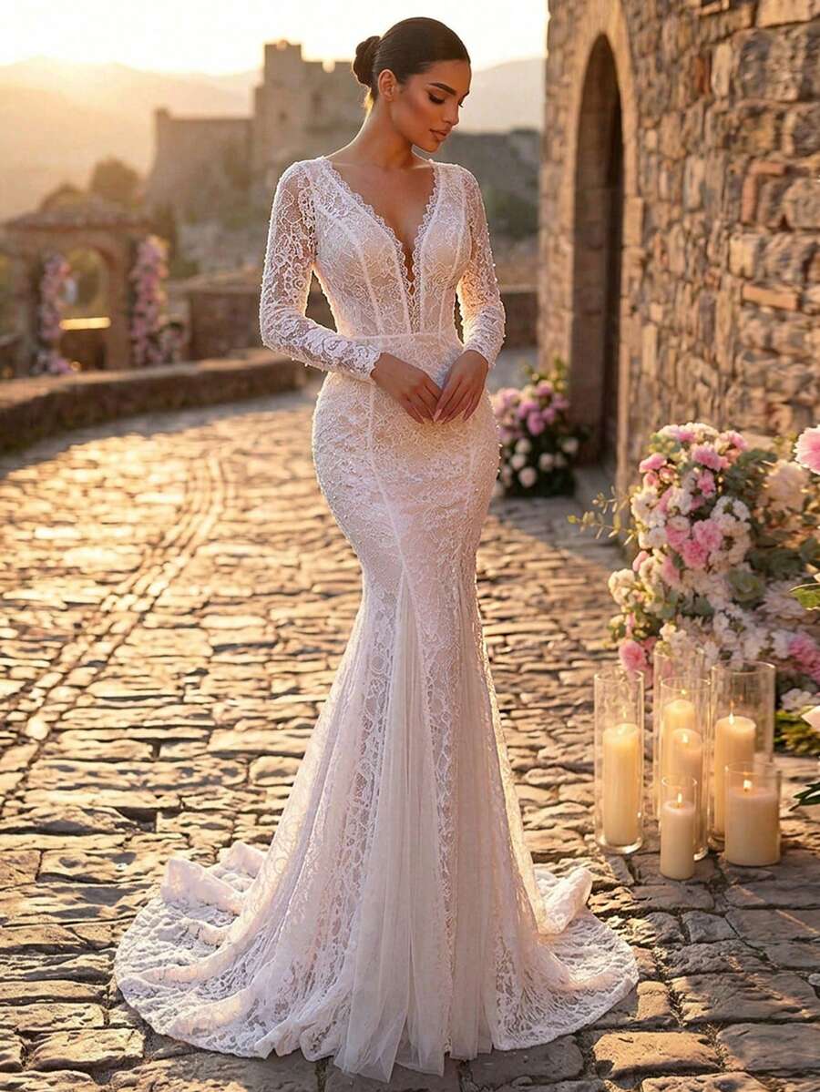 Glamrae Elegant Luxurious Stretchy Lace Floral Trim Sheer Sleeve Mermaid Maxi Dress With Long Train, Suitable For Weddings, Parties, Vacations, Balls, Honeymoon - White - View 1