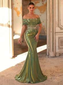 Glamrae Elegante y lujoso vestido de sirena con hombros descubiertos, fruncido y abertura, adornado con cuentas, apropiado para bodas, eventos, fiestas, vacaciones, galas y ocasiones formales - Verde - Ver 5