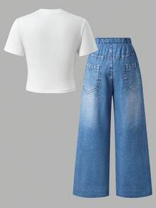 SHEIN ChillGRL 两件套少女仿牛仔印花紧身T恤和仿牛仔卡通链条印花长裤套装，休闲日常风格 - 藍色 - 查看 2