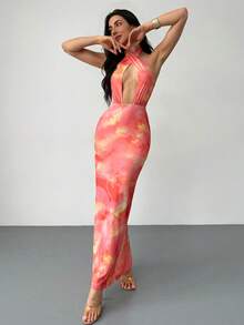 Aloruh 春夏新款优雅浪漫度假情人节婚礼露背蝴蝶结深V领橙色渐变印花紧身长裙，渐变印花长裙，沙滩度假长裙，性感度假长裙，粉橙印花长裙 - 橘色 - 查看 5