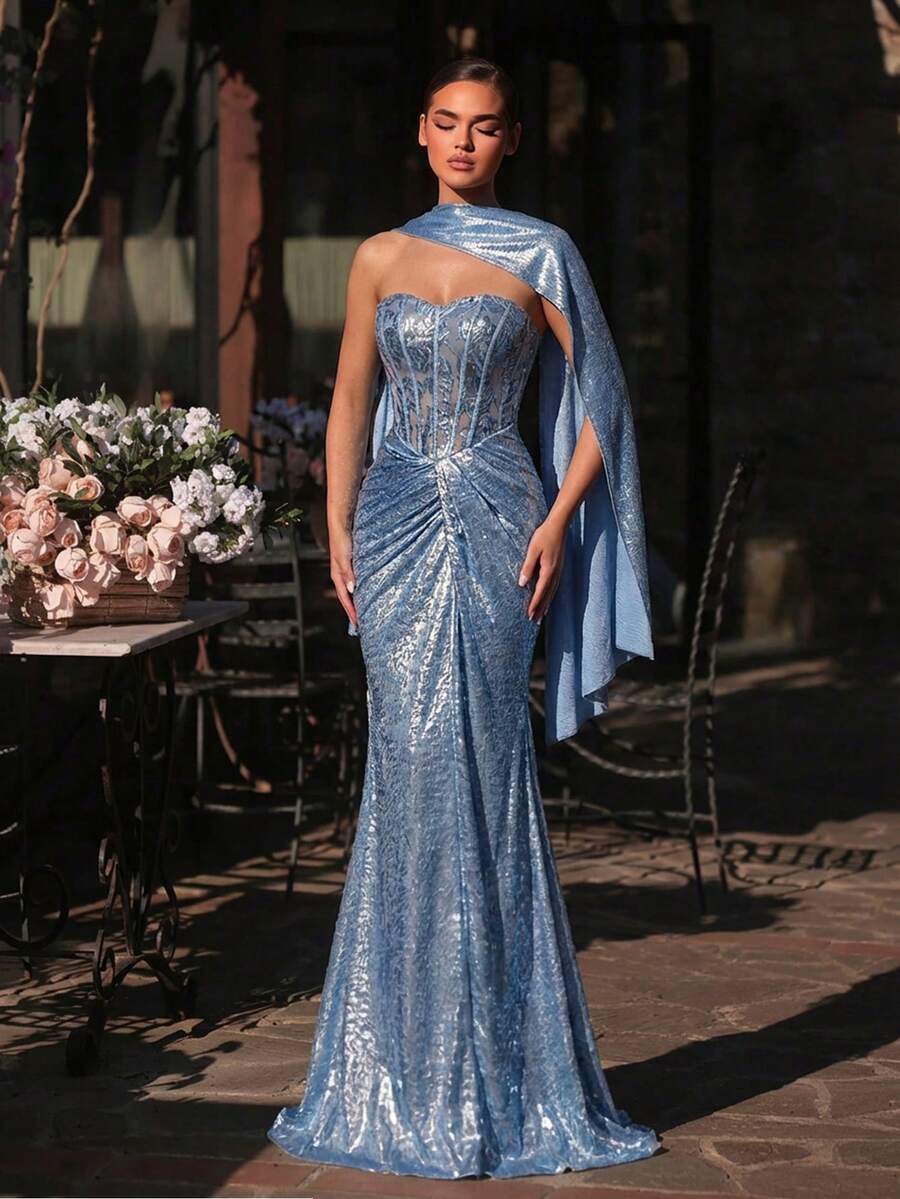 Glamrae 优雅蓝色奢华3D串珠刺绣抹胸美人鱼扭结裹身修身鱼尾连衣裙，适合约会、度假、单身派对、婚礼、女士晚礼服 - 藍色 - 查看 1