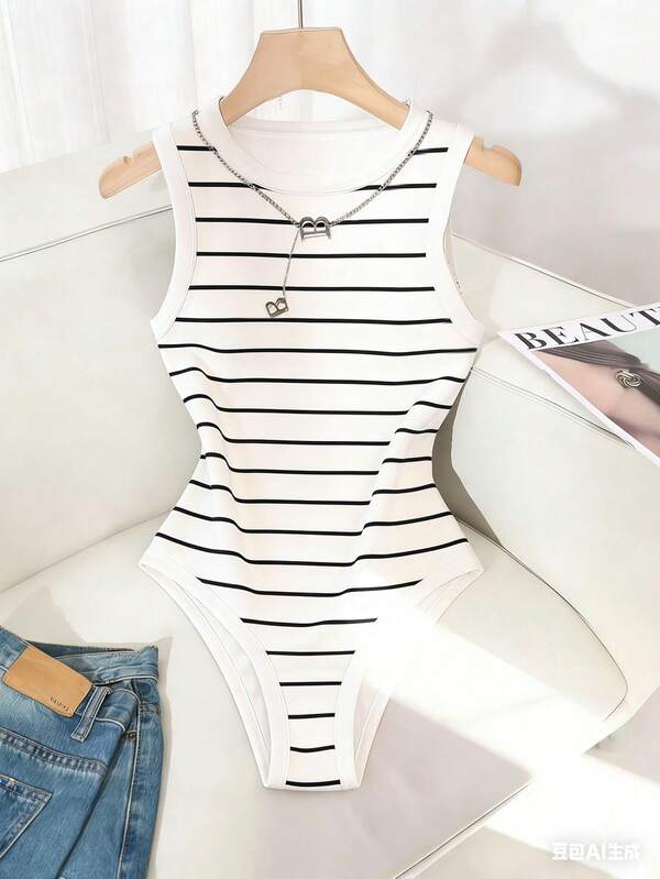 GlowEve Women's Spring/Summer Bodysuit, Women's Round Neck Camisole Bodysuit, Knit Fitted Women's Bodysuit, Striped Bodysuit, Casual Daily Wear, Women's Summer Bodysuit, Vacation Beach Bodysuit, Can Be Worn Alone Or Paired With Bottoms