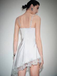 Lumivelle Women's New Arrival Spaghetti Strap Dress, Women's Pique Dress, Lace Patchwork Dress, Women's Spaghetti Strap V-Neck Dress, Asymmetric Hem Dress, Women's Elegant Date Dress, Women's Party Dress, Women's Wedding Guest Dress, Women's Fashion Street Style Dress, Sexy V-Neck Satin Pique Waist A-Line Lace Patchwork Elegant Romantic Dress - Silver - View 8
