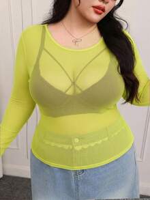 CovetEZ Atasan Wanita Ukuran Besar Warna Polos Leher Bulat Transparan Lengan Panjang Kasual - Kuning - View 4