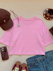 SHEIN EZwear 女士粉色短袖休闲圆领T恤夏季 - 粉色 - 查看 4