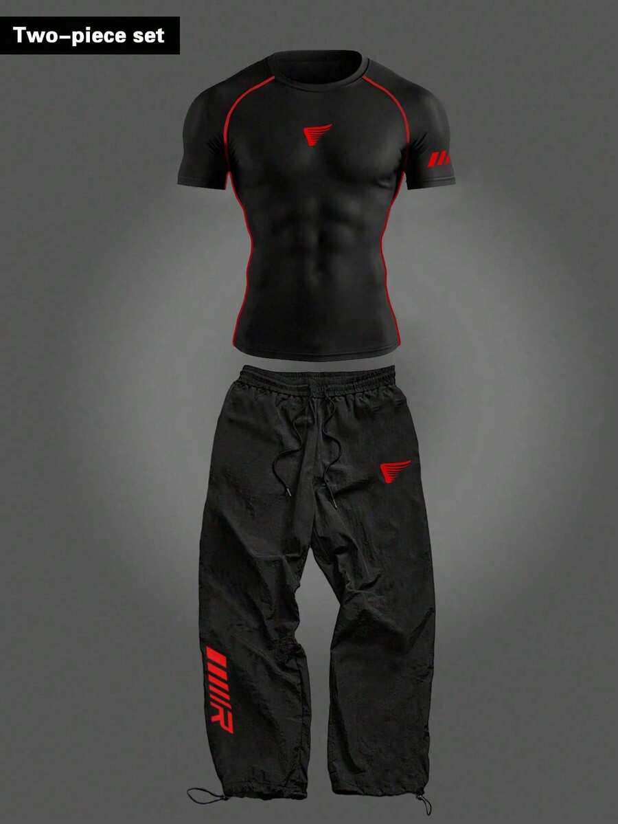 Gym Rark Men's Summer Contrast Piping Raglan Short Sleeve T-Shirt And Drawstring Waist Long Pants Sports Suit, Gym - Black - View 1