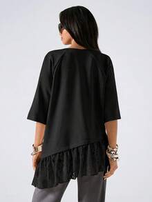 LYSMO 2026 New Minimalist Spring Women's Round Neck Lace Patchwork Casual Everyday Mid-Sleeve T-Shirt, 2026 New Black T-Shirt For Summer Women - Black - View 2
