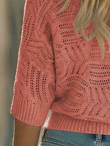 Balvessa All Season New Arrival Loose Fit Crew Neck Raglan Sleeve Ribbed Cuff & Hem Hollow Out Pattern Casual Women Pullover Sweater - Dusty Pink - View 4
