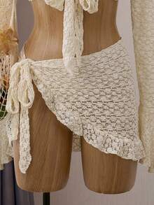 Bellisia 女士最新时尚沙滩装，适合春、夏、秋季，浅黄色花卉镂空荷叶边网纱罩衫泳衣套装 - 杏色 - 查看 5