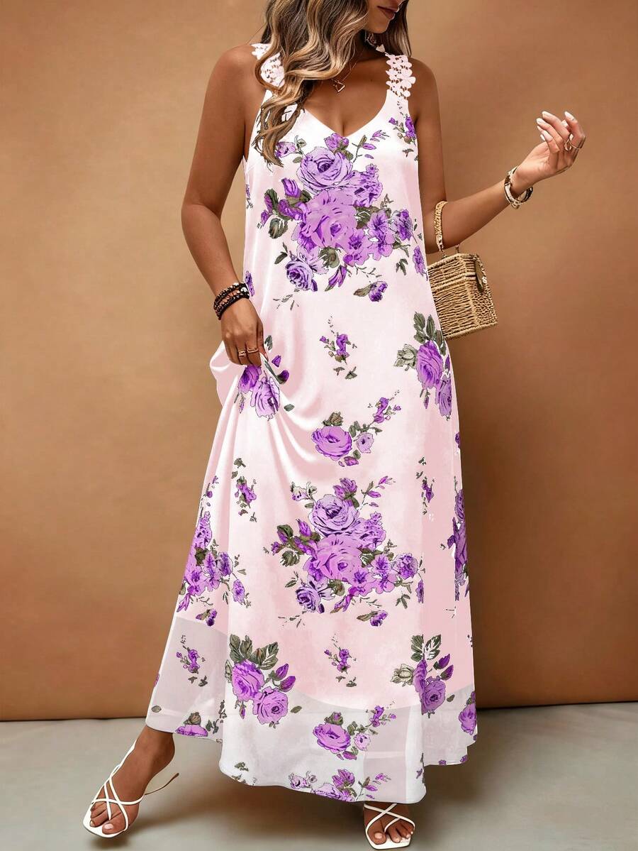 EMERY ROSE 大码春夏印花长裙，优雅浪漫花卉图案，蕾丝边饰，吊带雪纺衬里，女士夏季连衣裙，女士春季连衣裙，女士长裙，女士夏季套装，女士休闲连衣裙 - 紫色 - 查看 1