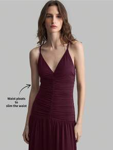 Ontre Đầm xếp ly không tay màu đỏ tía mới, bộ sưu tập Xuân/Hè 2026, đa năng, phù hợp cho đi làm, công sở, thường ngày, đồng phục giáo viên, kỳ nghỉ, dự đám cưới, tiệc tùng. - Màu Đỏ Sâu - Xem 3